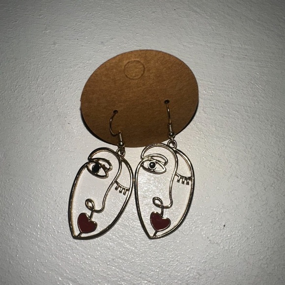 Jewelry - Abstract Face Outline Earrings with Red Heart Lips